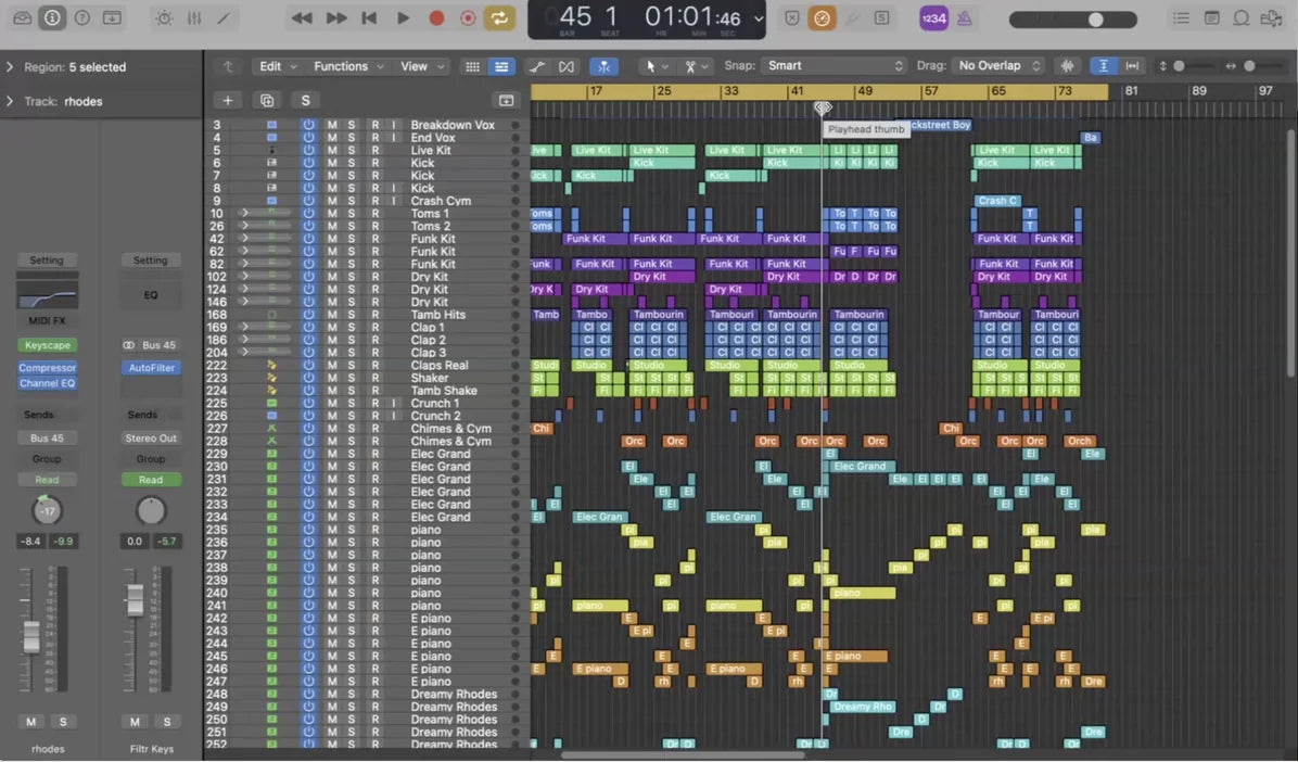 A digital audio workstation session filled with layered, colour-coded MIDI regions
